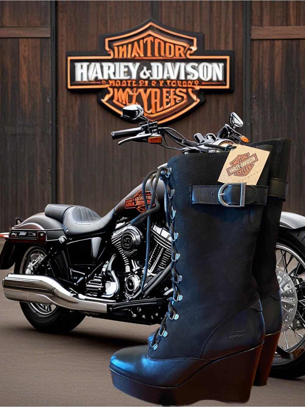 Harley-Davidson Black Leather Wedge Lace-Up Moto Boots with Buckle